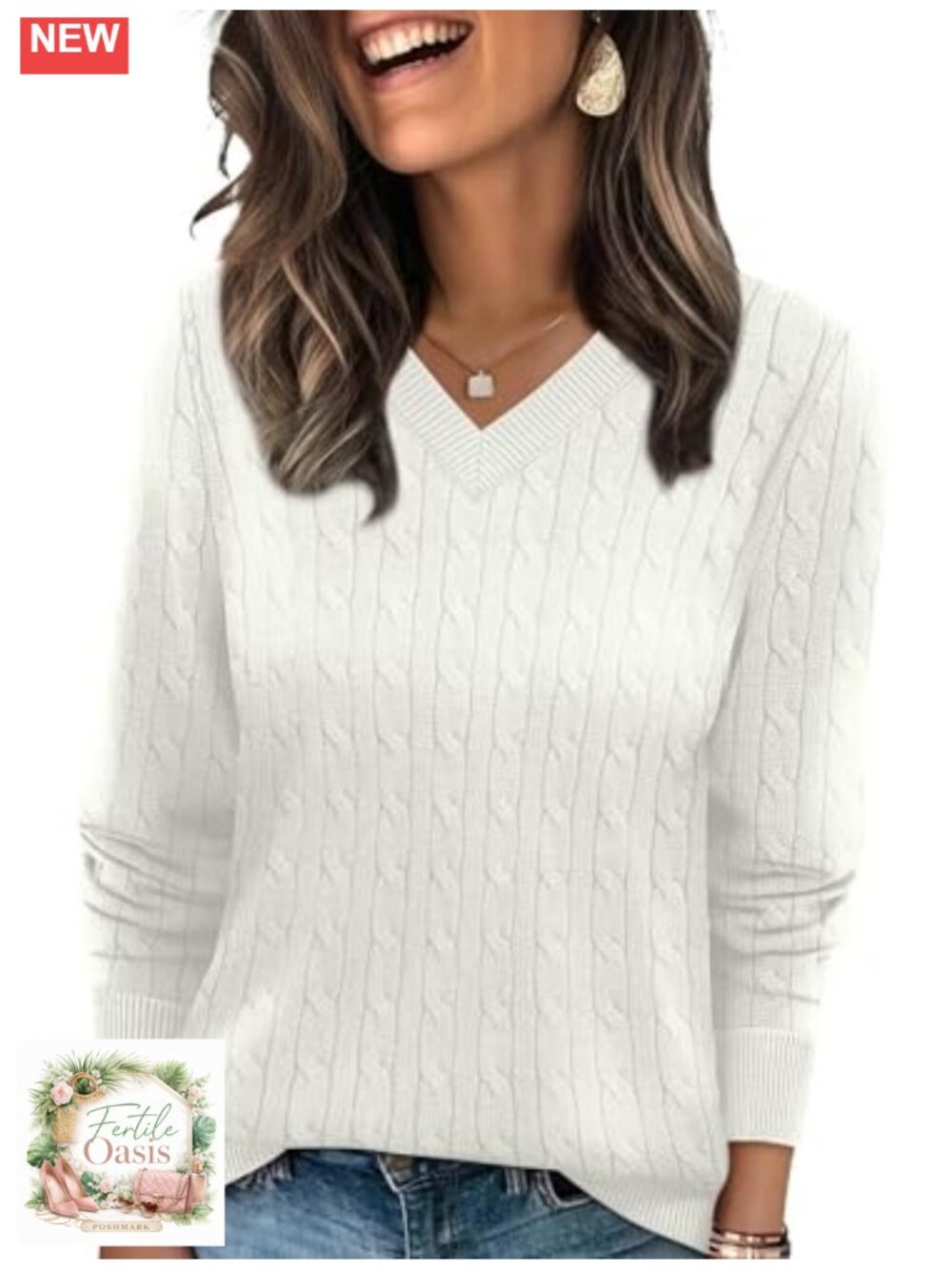 Women's Cable Knit V-Neck Sweater Soft Long Sleeve Fall Pullover